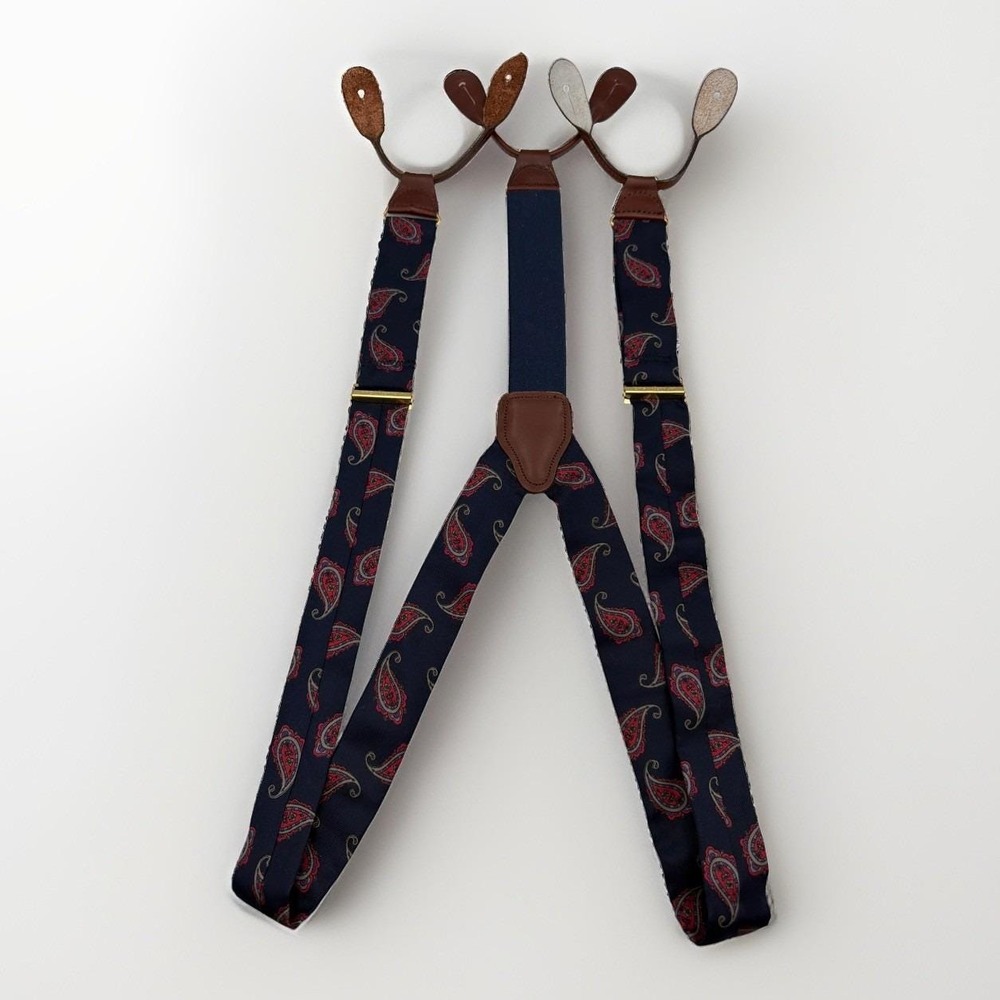 CAS Germany Silk Suspenders Paisley Leather Button Braces Adjustable Blue Red